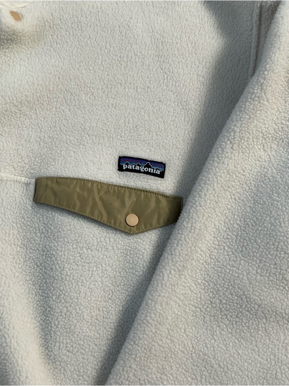 Patagonia Cream Snap-Button Synchilla Pullover with Olive Trim! EUC! SZ L - Picture 2 of 9